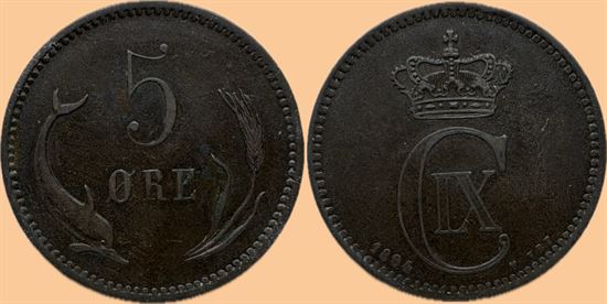5 øre 1894 i kv. 1+