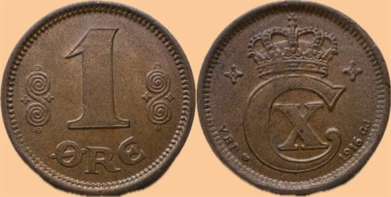 1 øre 1916 i kv. 01 - 0 - flot farve - svagt præg ved C og krone
