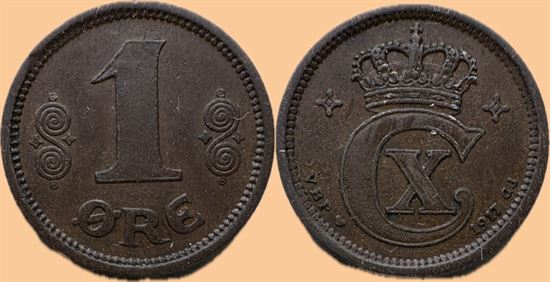 1 øre 1917 i kv. 01 - svagt præg i midterbøjlen