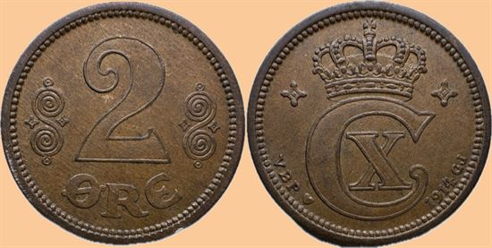 2 øre 1914 i kv. 01 - 0 - pæn farve