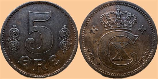 5 øre 1919 bronze i kv. (01) - farveforskelle i blanketten