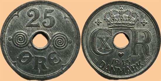 25 øre 1943 i kv. 0