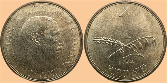 1 kr. 1944 i kv. 0 - lille plet ved hals