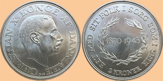 Erindringsmønt - Årgang 1945 2 kr. sølv i kv. 0