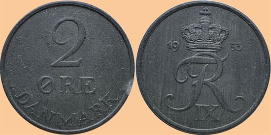 2 øre 1953 i kv. 0 - miniplet på øre siden