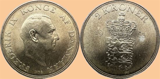 2 kr. 1955 i kv. 0 - lys plet under 55
