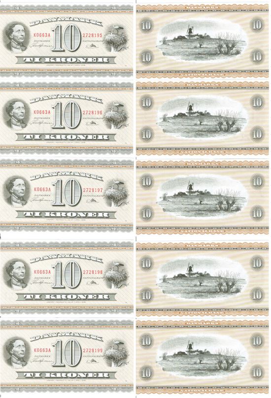 Seddel: 10 kr. 1966 K0663A i kv. 01 - 0 5 stk. fortløbende nr.