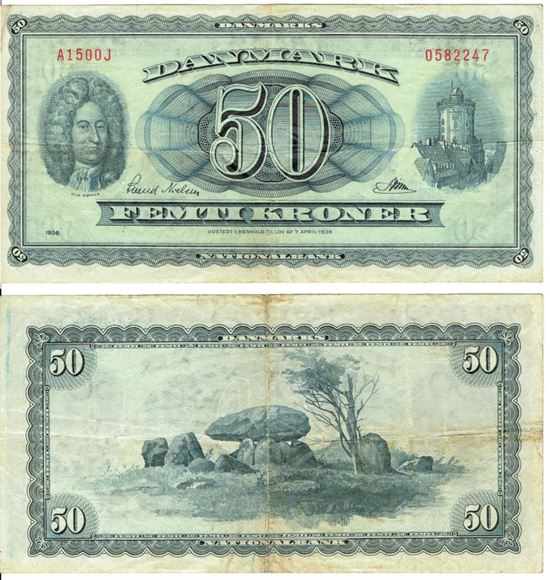 Seddel: 50 kr. 1956 A1500J i kv. 1- erstatningsseddel