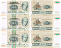 Seddel: 100 kr. 1994 F0941G i kv. 0 3 stk. fortløbende nr.