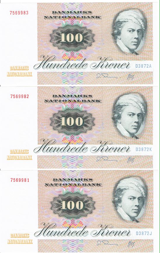 Seddel: 100 kr. 1987 D3872 i kv. 0 3 stk. forløbende nr.