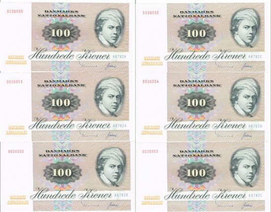 Seddel: 100 kr. 1978 A8782 i kv. 0 6 stk. forløbende nr.
