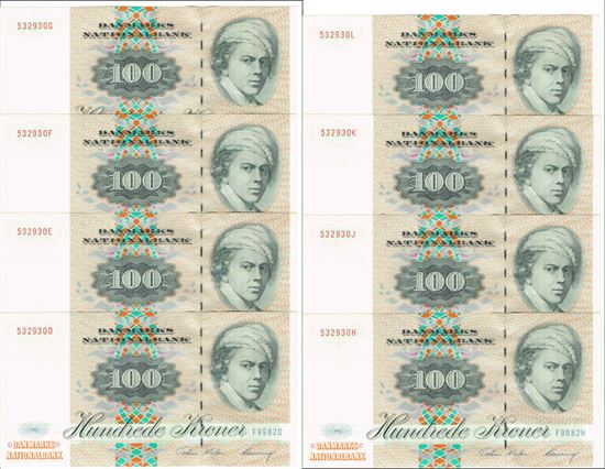 Seddel: 100 kr. 1998 F9983 i kv. 0 8 stk. fortløbende nr.