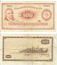 Seddel: 100 kr. 1965 A6650J i kv. 1 erstatningsseddel