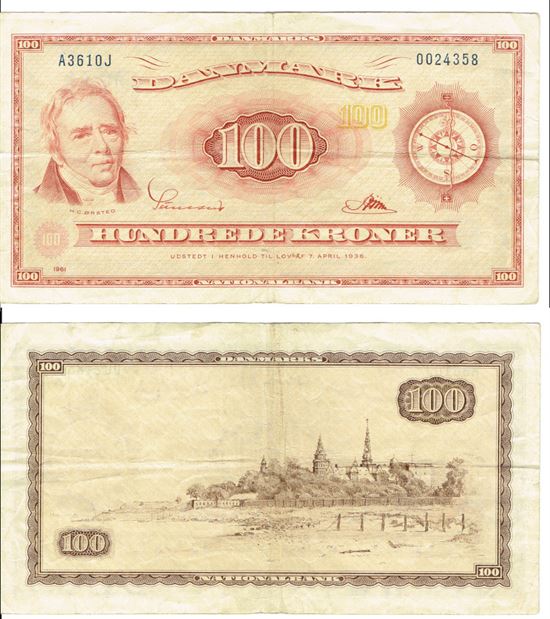 Seddel: 100 kr. 1961 A3610J i kv. 1+ erstatningsseddel