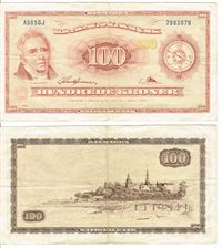 Seddel: 100 kr. 1965 A9650J i kv. 1+ erstatningsseddel