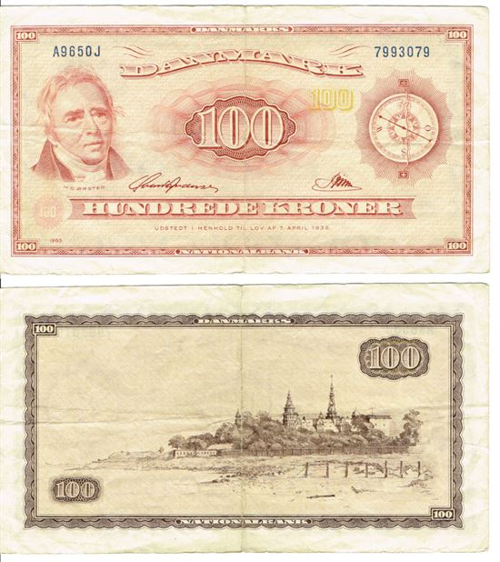 Seddel: 100 kr. 1965 A9650J i kv. 1+ erstatningsseddel