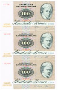 Seddel: 100 kr. 1989 D7892 i kv. 0 3 stk. fortløbende nr.