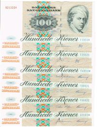 Seddel: 100 kr. 1995 1998 i kv. 01 - 0 6 stk. med forskellige litra