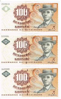 Seddel: 100 kr. 2003 - 2007 i kv. 0 3 stk. litra B8, C4 og C8 