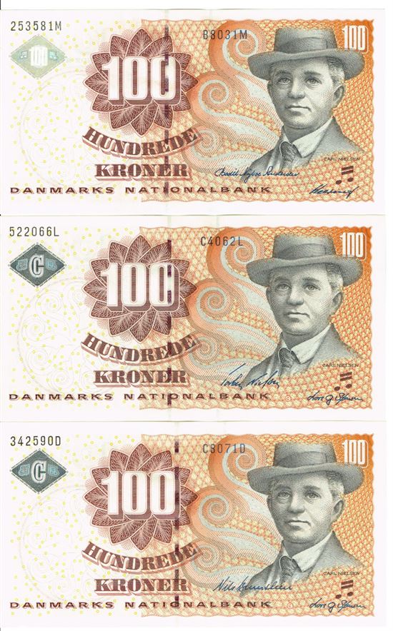 Seddel: 100 kr. 2003 - 2007 i kv. 0 3 stk. litra B8, C4 og C8 