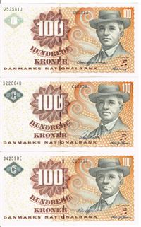 Seddel: 100 kr. 2003 - 2007 i kv. 0 3 stk. litra B8, C4 og C8 