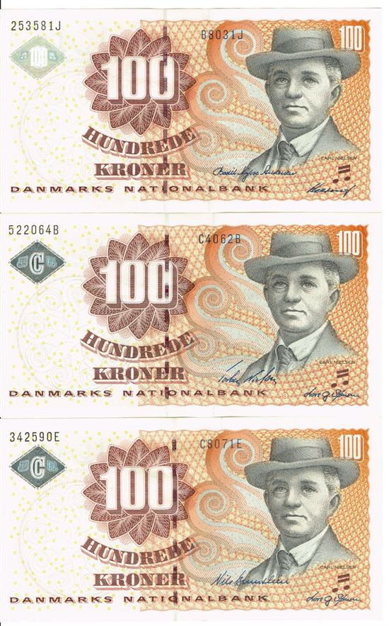 Seddel: 100 kr. 2003 - 2007 i kv. 0 3 stk. litra B8, C4 og C8 