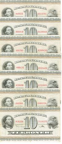 Seddel: 10 kr. 1962 - 1969 omkring kv. 1 - 1+ 7 stk.
