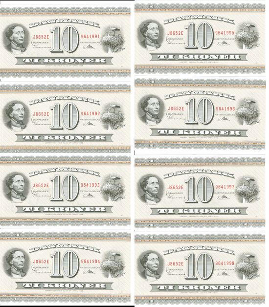 Seddel: 10 kr. 1965 J8652E i kv. 0 8 stk. fortløbende nr.
