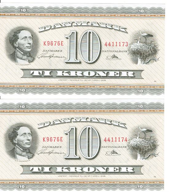 Seddel: 10 kr. 1967 K9676E i kv. 0 2 stk. fortløbende nr.