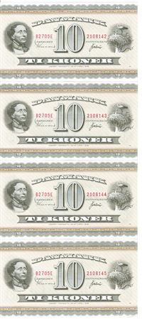 Seddel: 10 kr. 1970 B2705E i kv. 0 4 stk. fortløbende nr.