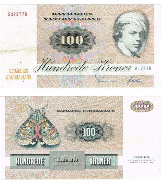 Seddel: 100 kr. 1972 A1721B i kv. 1+