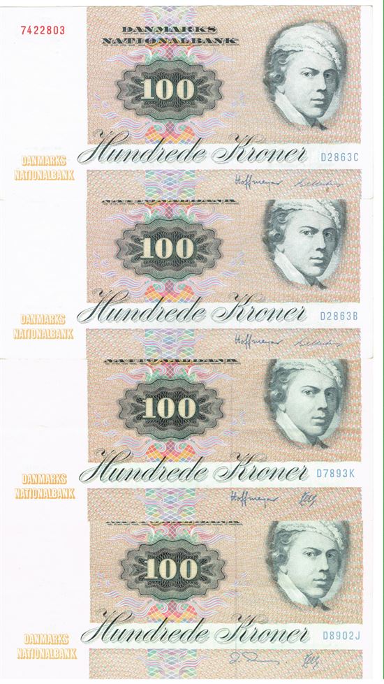 Seddel: 100 kr. 1986 - 1989 i kv. 1+ 4 stk.