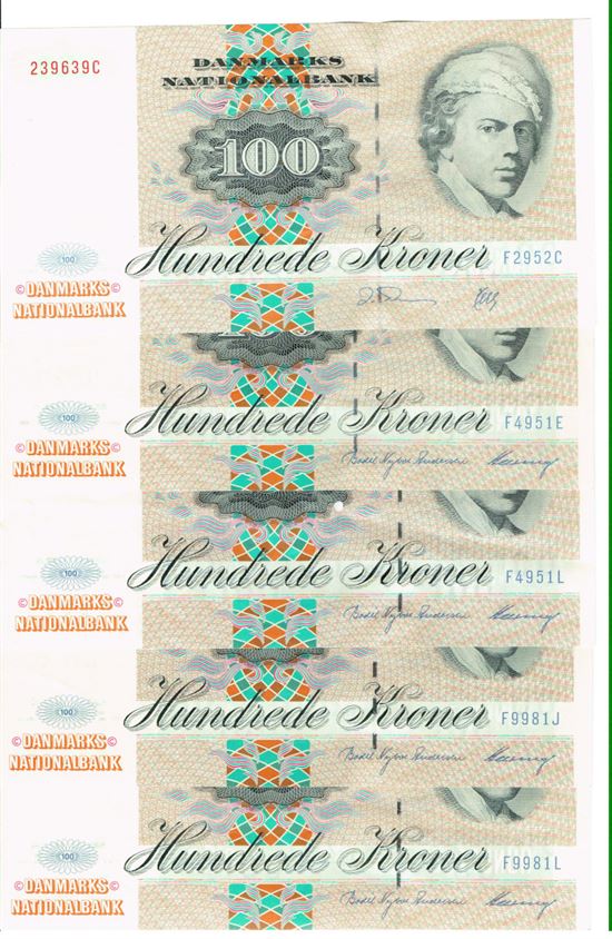 Seddel: 100 kr. 1995 - 1998 i kv. 01 - 01 - 0 5 stk.