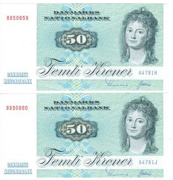 Seddel: 50 kr. 1978 A4781 i kv. 01 - 0 2 stk. fortløbende nr.