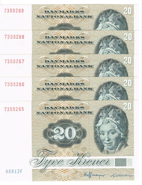 Seddel: 20 kr. 1981 A6813 i kv. 01 - 0 5 stk. fortløbende nr.