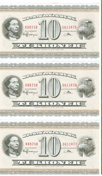 Seddel: 10 kr. 1967 K8671B i kv. 0 3 stk. fortløbende nr.