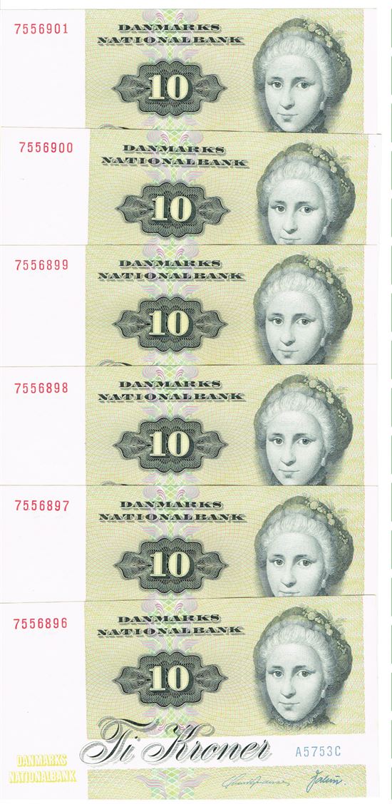Seddel: 10 kr. 1975 A5753 i kv. 01 - 0 6 stk. fortløbende nr.