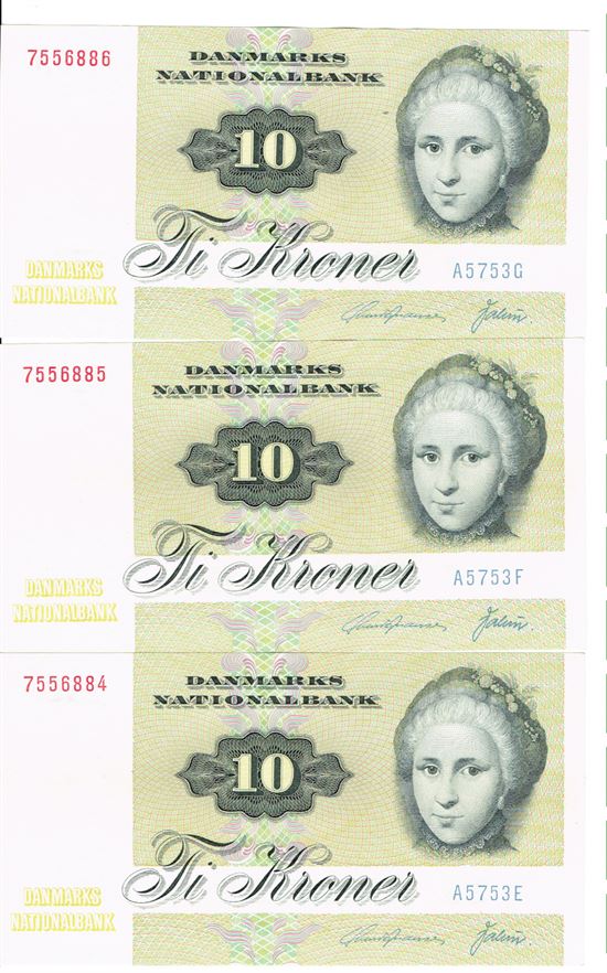 Seddel: 10 kr. 1975 A5753 i kv. 01 - 0 3 stk. fortløbende nr.