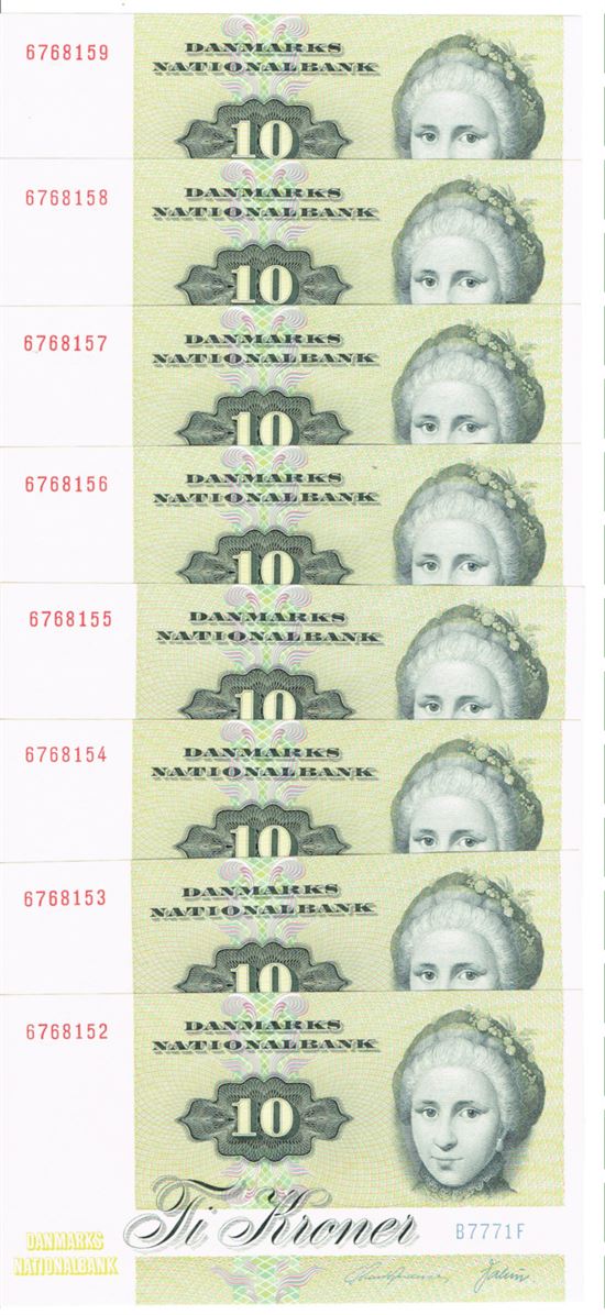 Seddel: 10 kr. 1977 B7771 i kv. 0 9 stk. fortløbende nr.