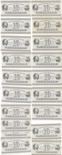 Seddel: 10 kr. 1974 19 stk omkring kv. 01 - 0