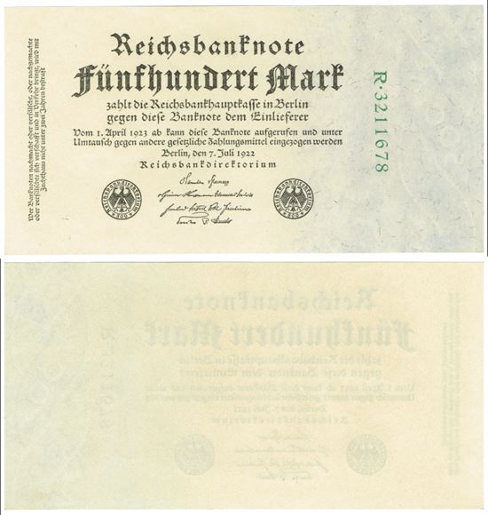 Seddel: Tyskland 500 mark 1922 i kv. 0