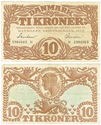 Seddel: 10 kr. 1939 bogstav N i kv. 1+