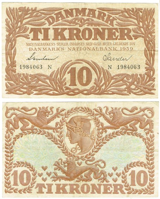 Seddel: 10 kr. 1939 bogstav N i kv. 1+
