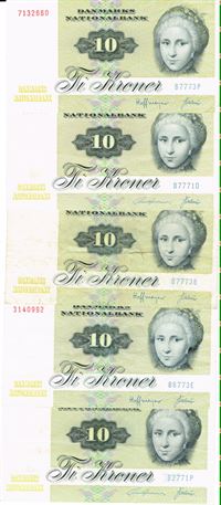 Seddel: 10 kr. 1977 - 5 stk. i kv. 1+