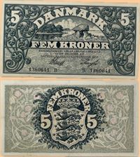 Seddel: 5 kr. 1933 bogstav B i kv. 1+