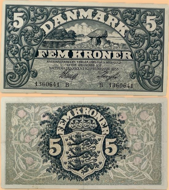 Seddel: 5 kr. 1933 bogstav B i kv. 1+