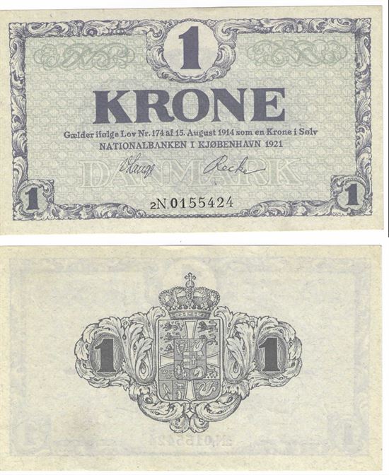 Seddel: 1 kr. 1921 bogstav 2N i kv. 01 - 0