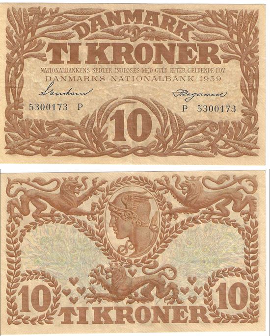Seddel: 10 kr. 1939 bostav P i kv. 01