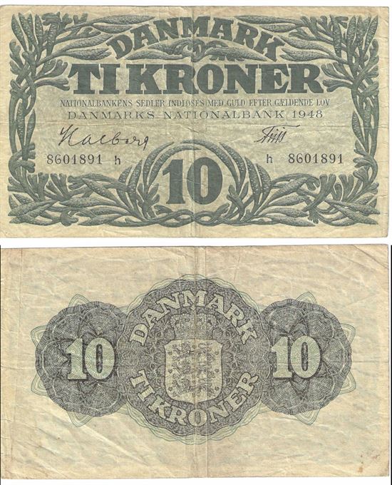 Seddel: 10 kr. 1948 bogstav h i kv. 1