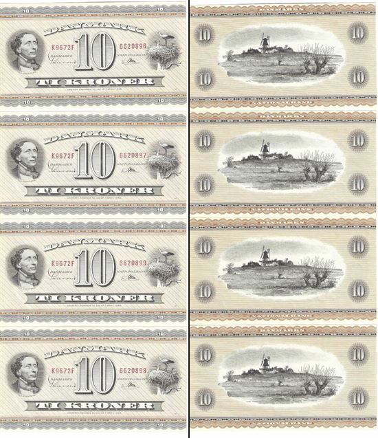 Seddel: 10 kr. 1967 K9672F i kv. 0 - 4 stk. fortløbende nr.